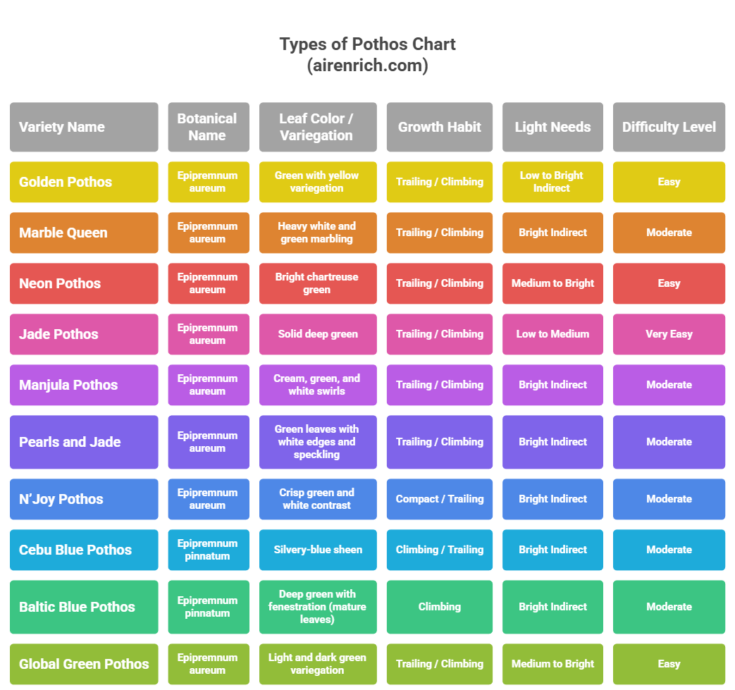 Types of Pothos Chart: The Only Guide You'll Need (Free Colorful Printable  Inside) - airenrich - all about indoor plants and healthy air